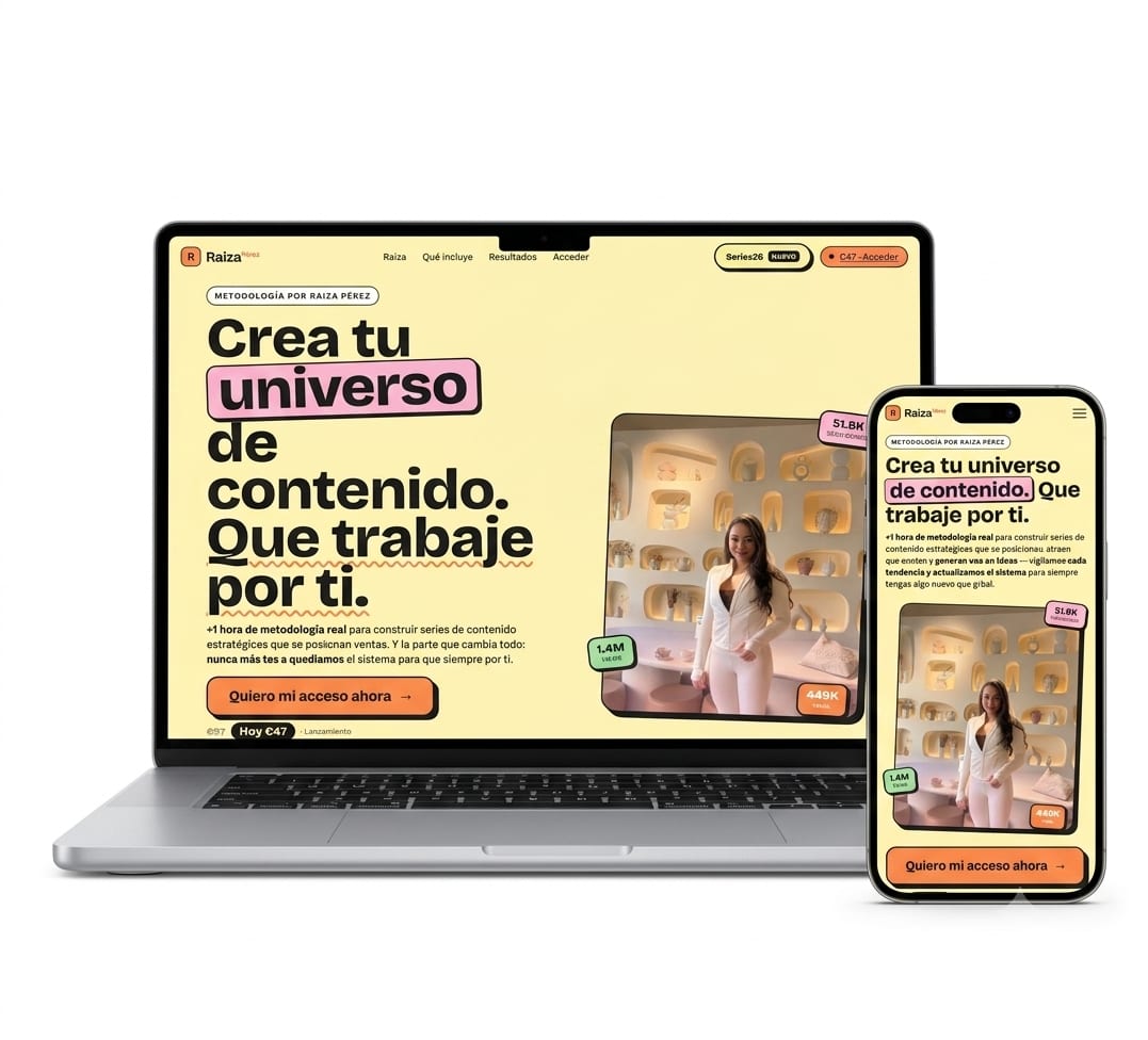 Mockup de la web de Raiza Pérez en portátil y móvil, metodología para crear series de contenido
