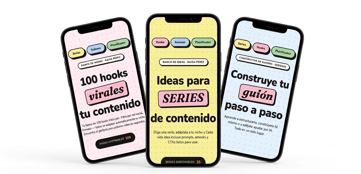 Mockup de Series26 en móvil: banco de hooks, ideas de series y constructor de guiones